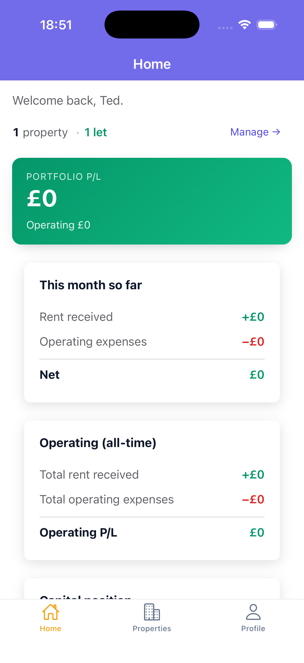 Freehold home dashboard — portfolio P/L, rent received, expenses, capital position