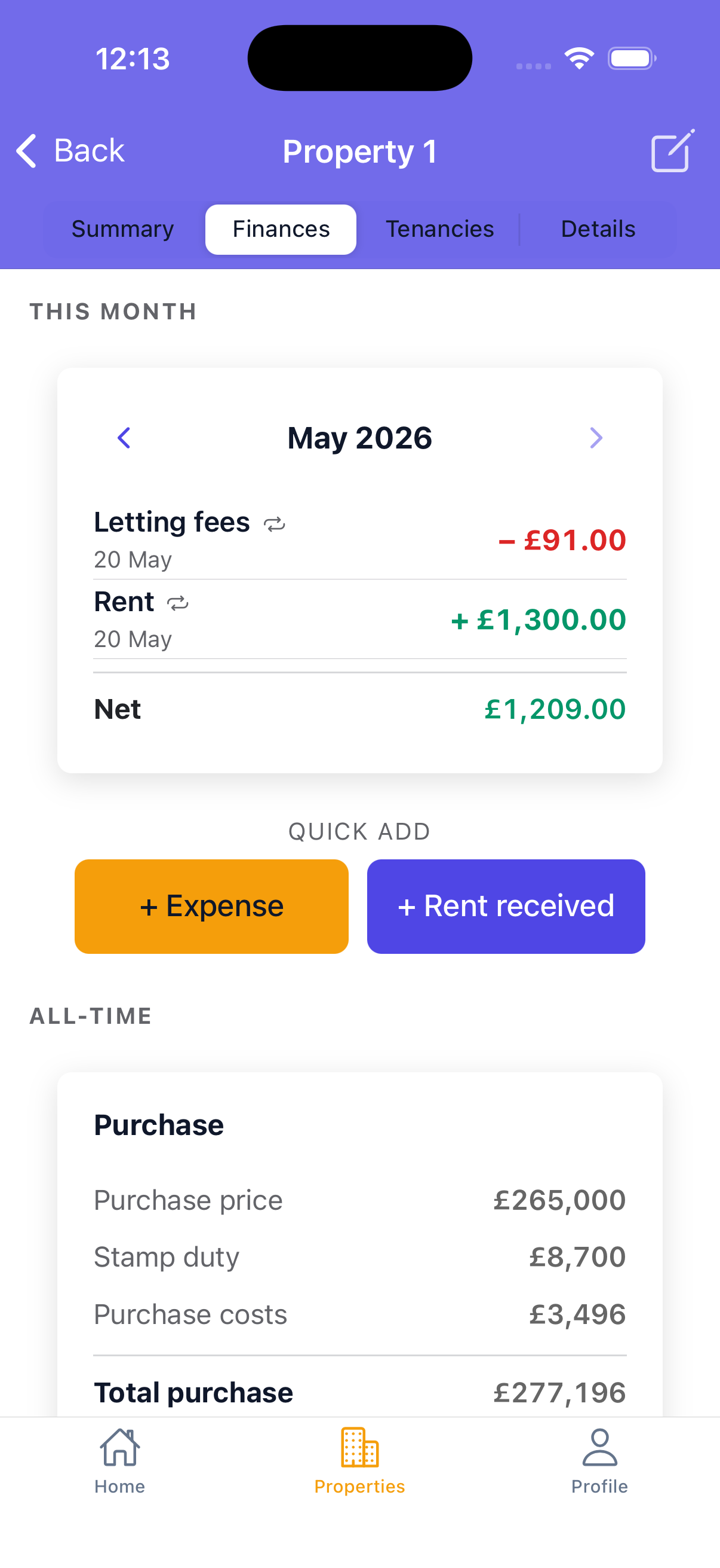 Property finances — month view with rent received and expenses
